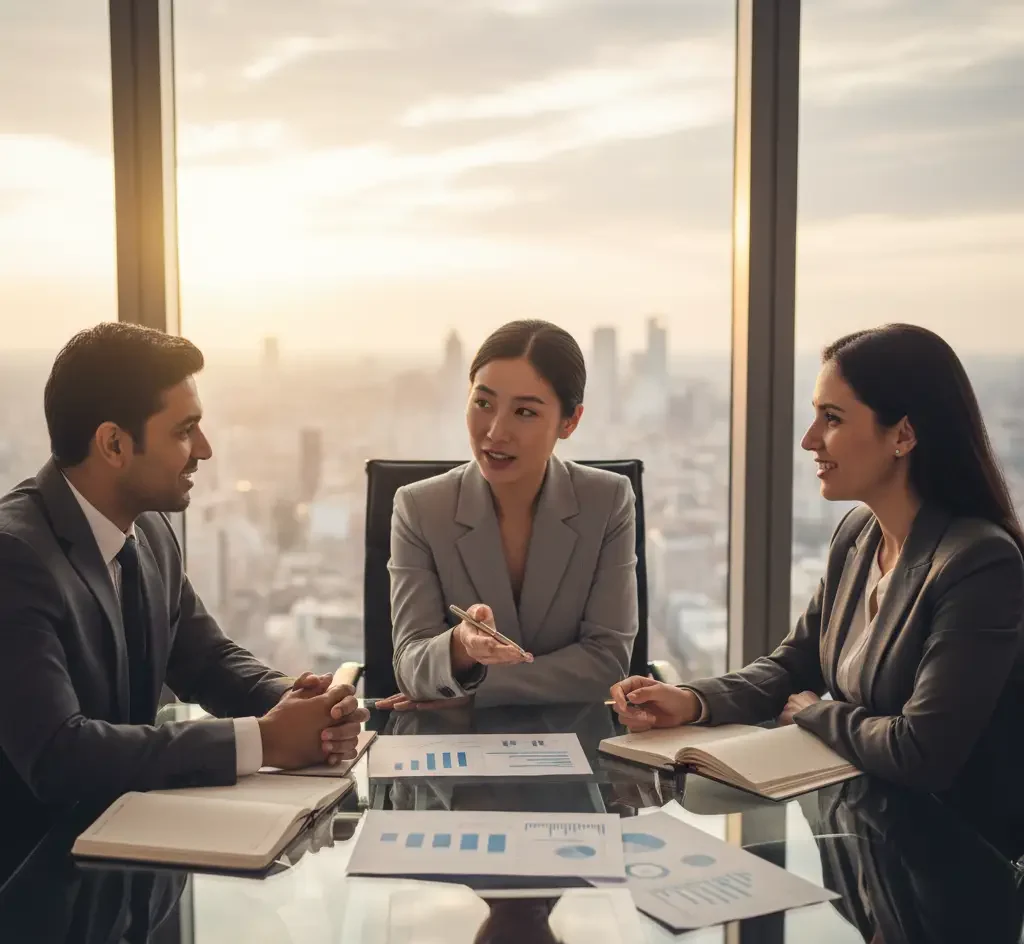 Financial advisory team meeting in professional office setting