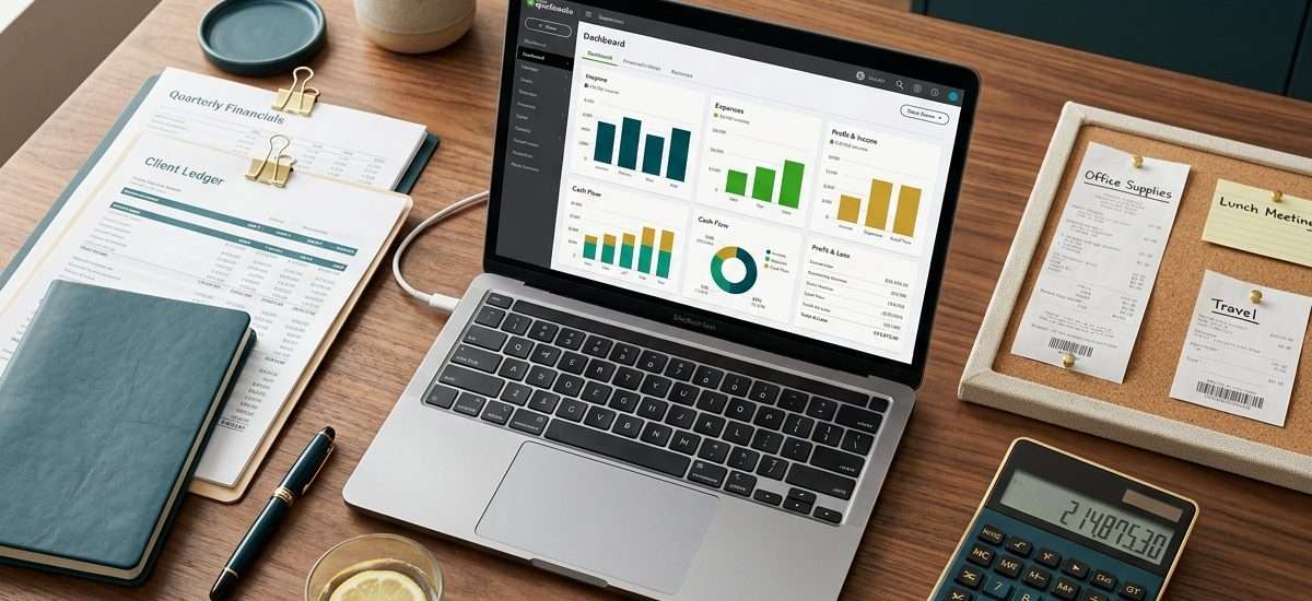 Clean QuickBooks bookkeeping workspace with financial reports