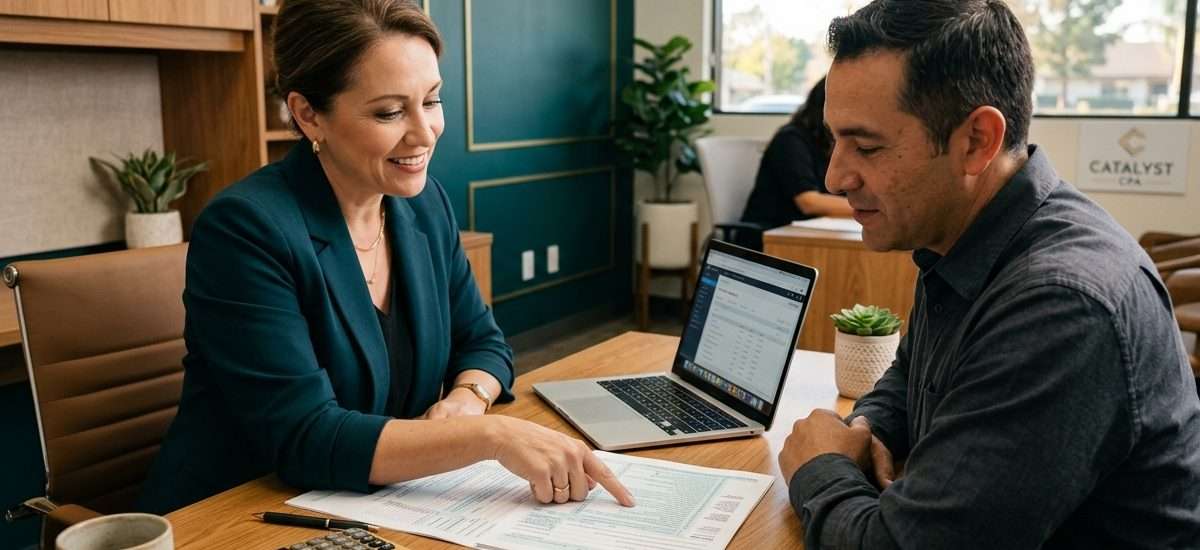 CPA reviewing tax forms with small business owner client