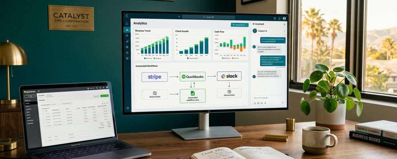 Modern automation dashboard showing Stripe to QuickBooks workflow