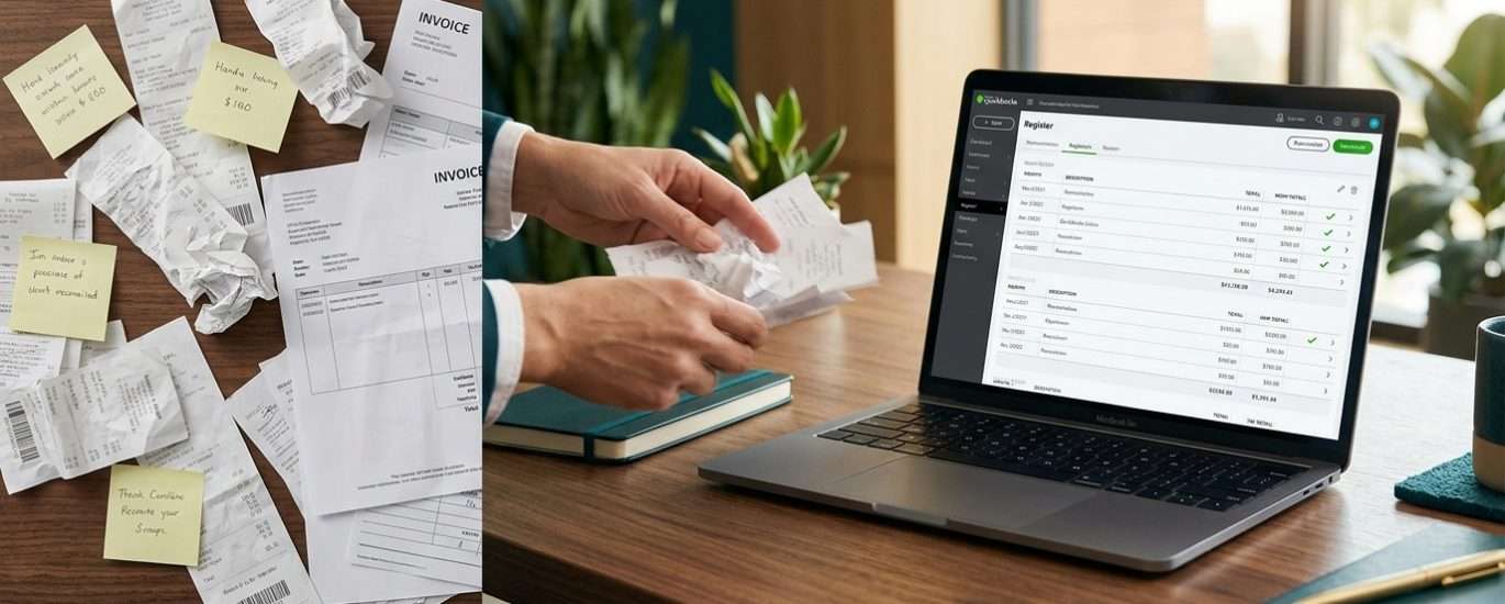 CPA cleanup transition: messy receipts becoming organized QuickBooks register