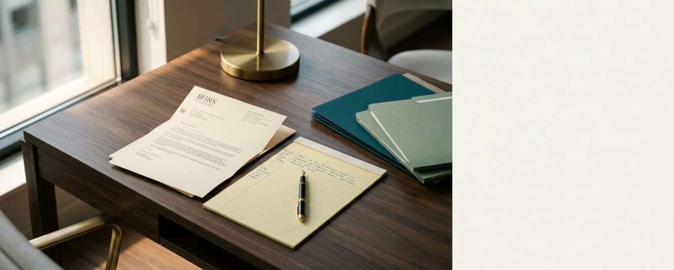 Desk setup by a window with a brass lamp, a yellow legal pad and pen, a printed letter, and blue-green folders stacked on a dark wooden desk.