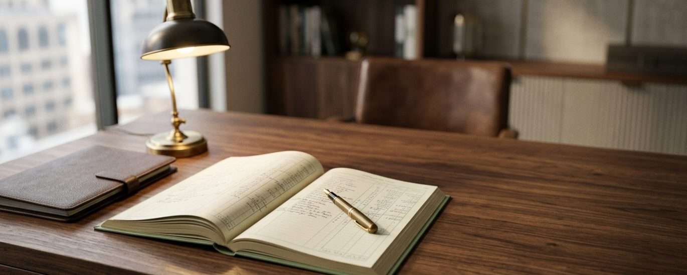 Open notebook with a brass desk lamp and a gold pen on a wooden desk near a window.