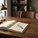 Open notebook with a brass desk lamp and a gold pen on a wooden desk near a window.