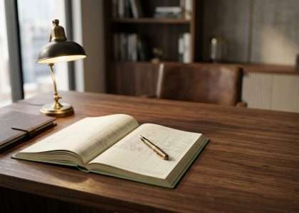 Open notebook with a brass desk lamp and a gold pen on a wooden desk near a window.