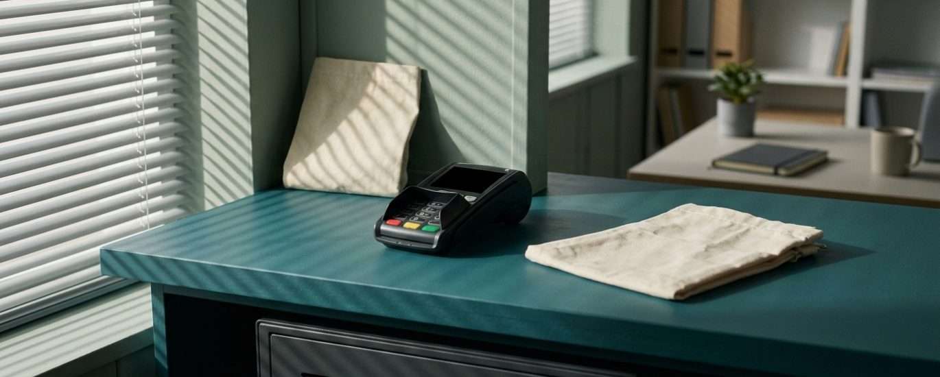 Card payment terminal on a teal counter with a folded cloth beside it in an office reception area.