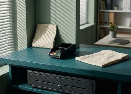 Card payment terminal on a teal counter with a folded cloth beside it in an office reception area.