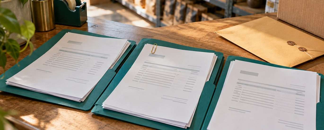 Vendor invoice folders and payment records arranged for an accounts payable check in a small business.