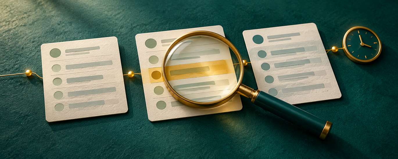 QuickBooks audit log concept showing a magnifying glass over a sequence of changed records.
