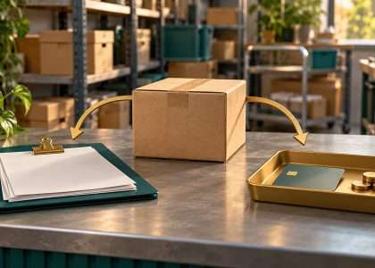 QuickBooks vendor credit illustration: supplier paperwork and a returned package with separate refund and bill paths