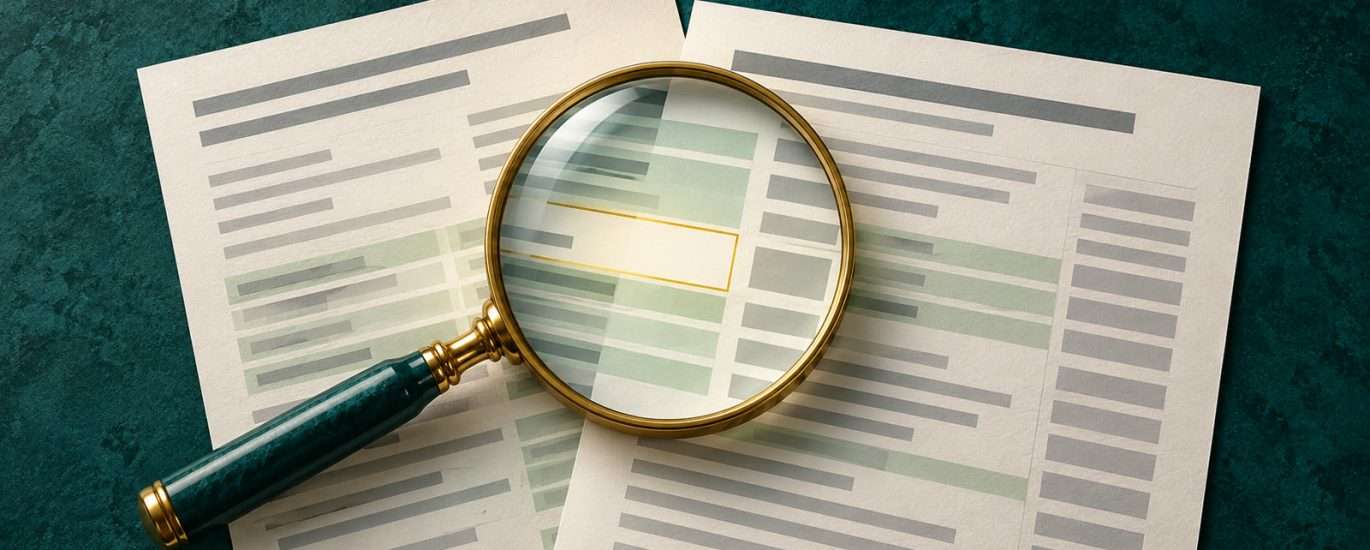 Income transcript illustration with overlapping document sheets and a magnifying glass.