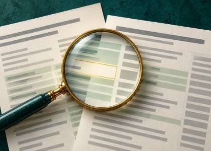Income transcript illustration with overlapping document sheets and a magnifying glass.