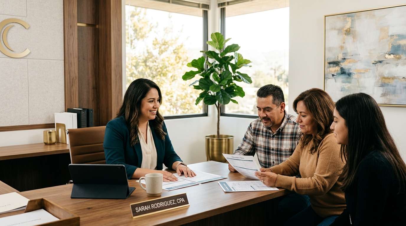 CPA bilingüe consultando con familia hispana sobre impuestos