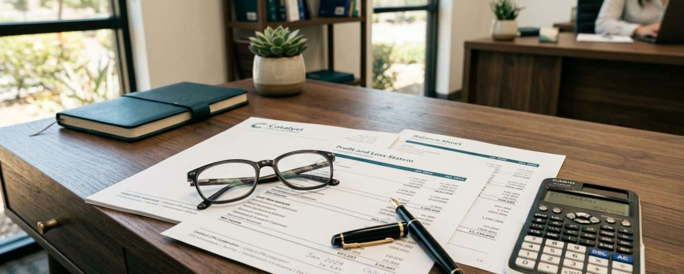 Wooden desk with financial documents, a pair of glasses, a fountain pen, and a calculator; an office receptionist sits at a desk in the background.