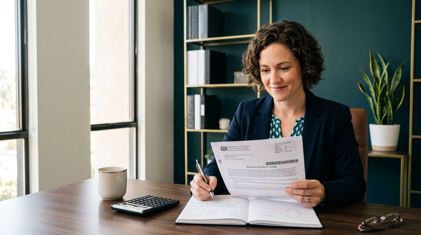 CPA reviewing IRS notice with client in Moreno Valley office