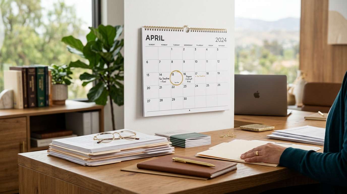 Tax deadline calendar with organized paperwork representing late filing resolution
