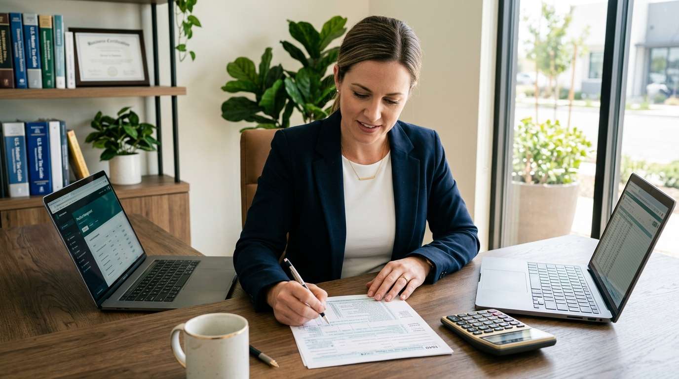 CPA reviewing personal tax return 1040 in Moreno Valley office