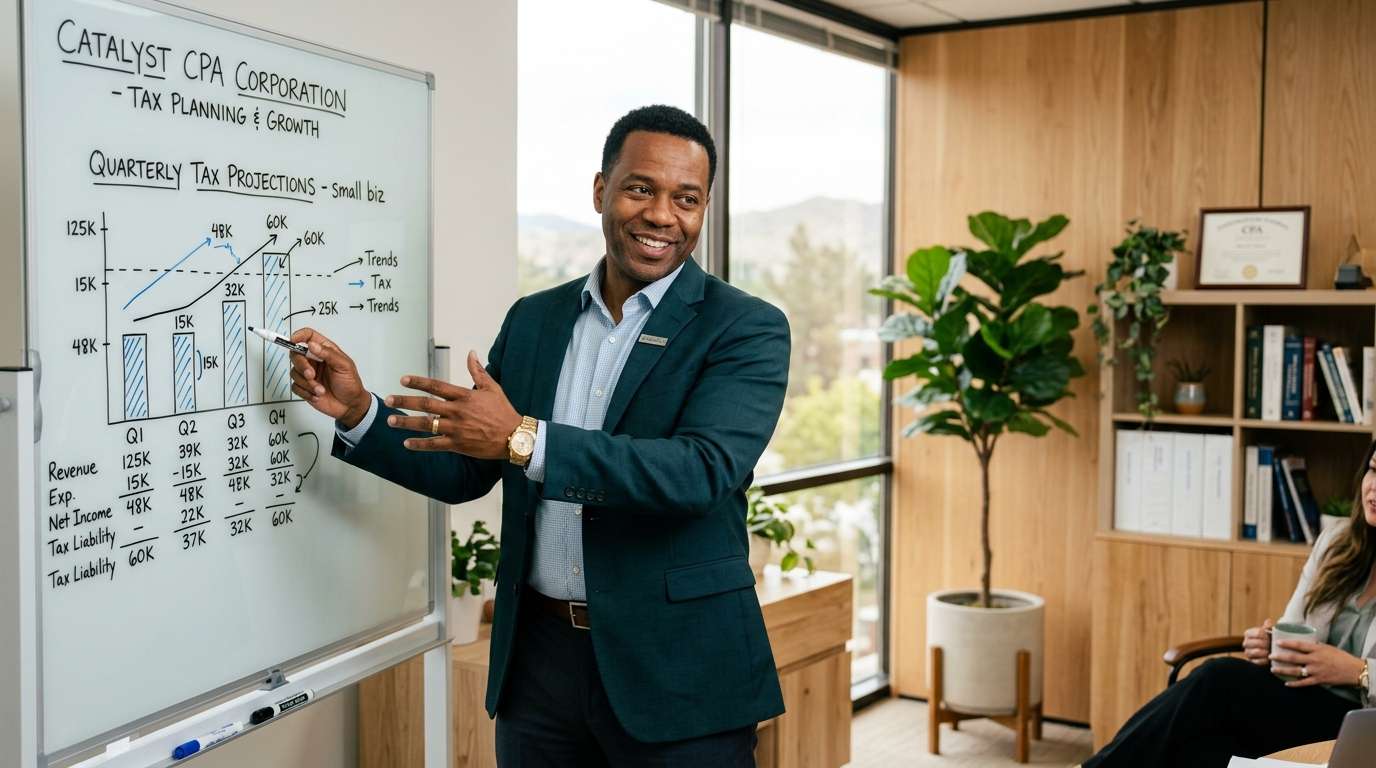 CPA presenting tax planning strategy on whiteboard
